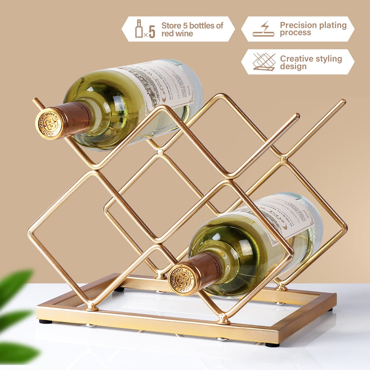 Drincarier Countertop Wine Rack - 5 Bottle Freestanding Modern Gold Metal Small Wine Rack - Tabletop Wine Holder Stand for Cabinet, Pantry, Wine Bottle Storage…