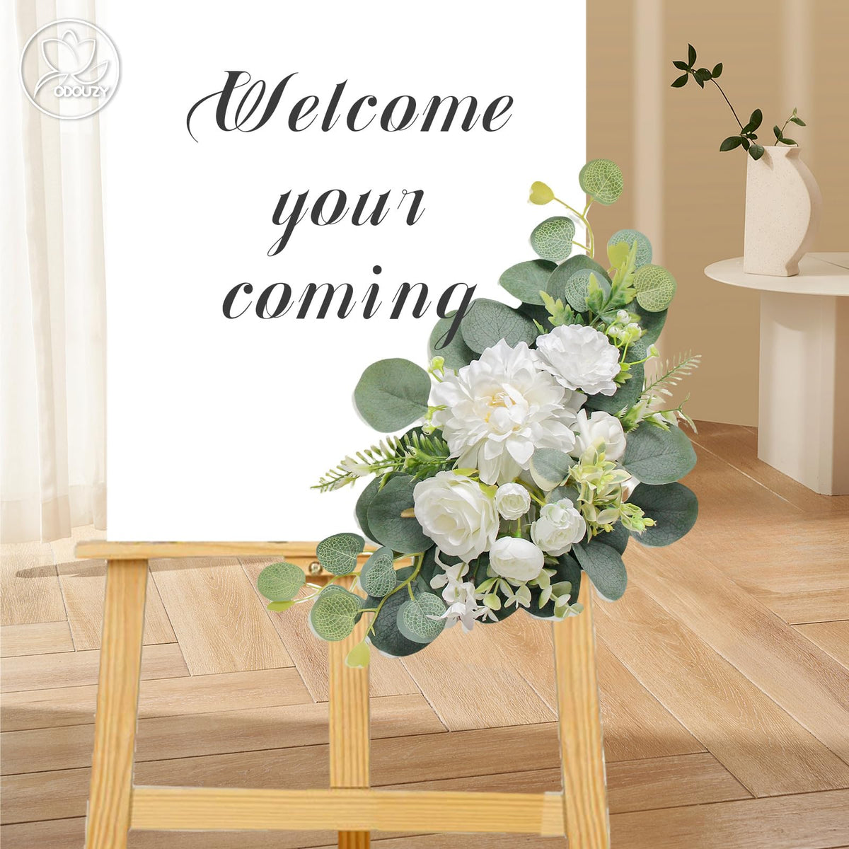 Odouzy Artificial Wedding Arch Flowers for Wedding Sign,Set of 2 for Welcome Ceremony Sign,Faux Floral Swags,Wedding, Banquet and Reception Backdrop Floral Decoration (White)