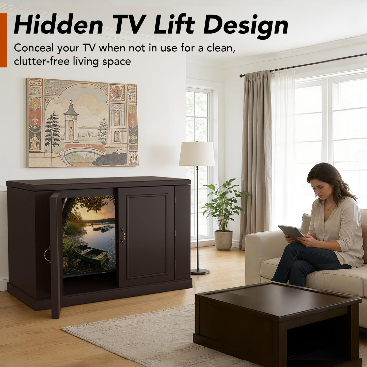 TV Lift Cabinet for 32-50” TVs, Hidden Motorized Indoor/Outdoor TV Cabinet with Remote Control, Lifting Indoor TV Stand with Motorized Vertical Stand Lift，End of Bed TV Stand