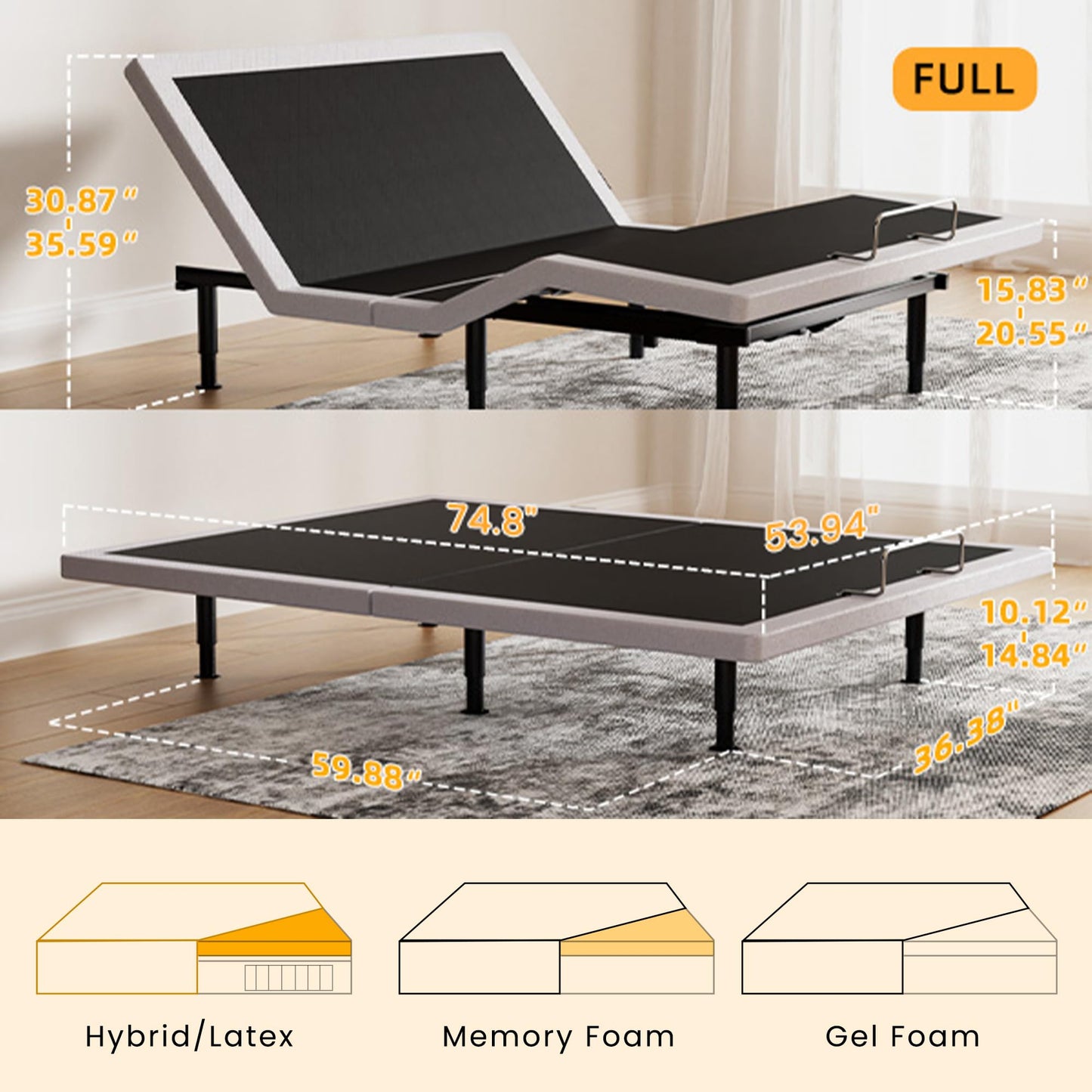 Yireehome Full Adjustable Bed Frame, Wireless Remote, USB Port, Head & Foot Incline, Underbed Lighting, Heavy Duty Electric Platform, Zero Gravity Mode, Quiet Motor, Easy Assembly