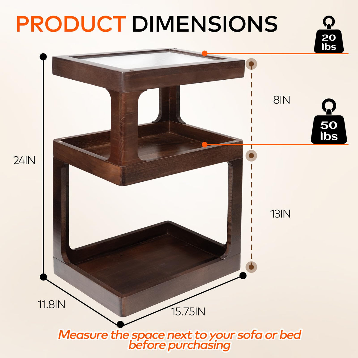 Solid Wood Side Table, 3 Tier Small End Table, Brown Accent Table