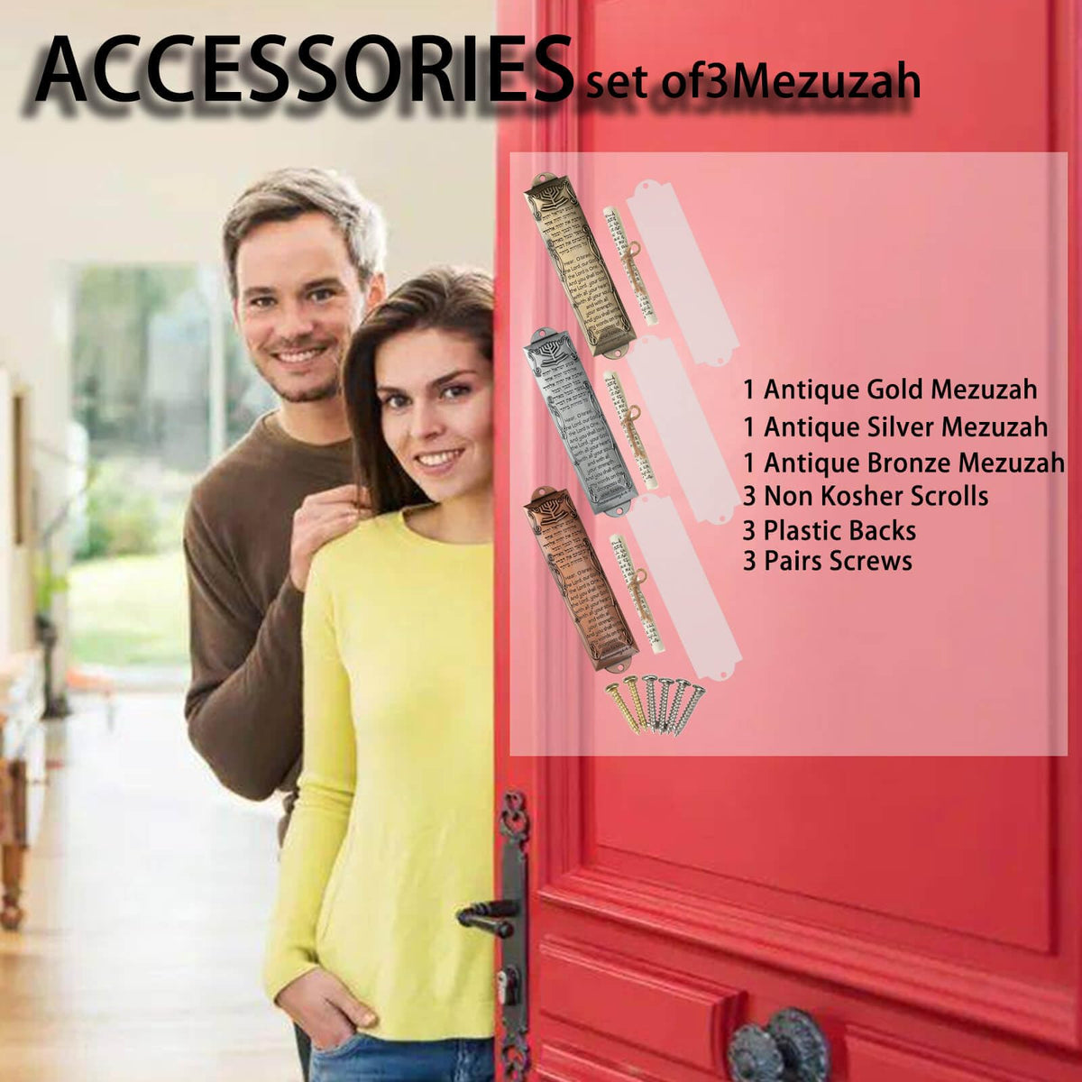 Exselens Mezuzah Set of 3 Jewish Door Mezuzah with English/Hebrew House Blessing, Metal Cases with Non-Kosher Scrolls, Gold, Silver, Bronze
