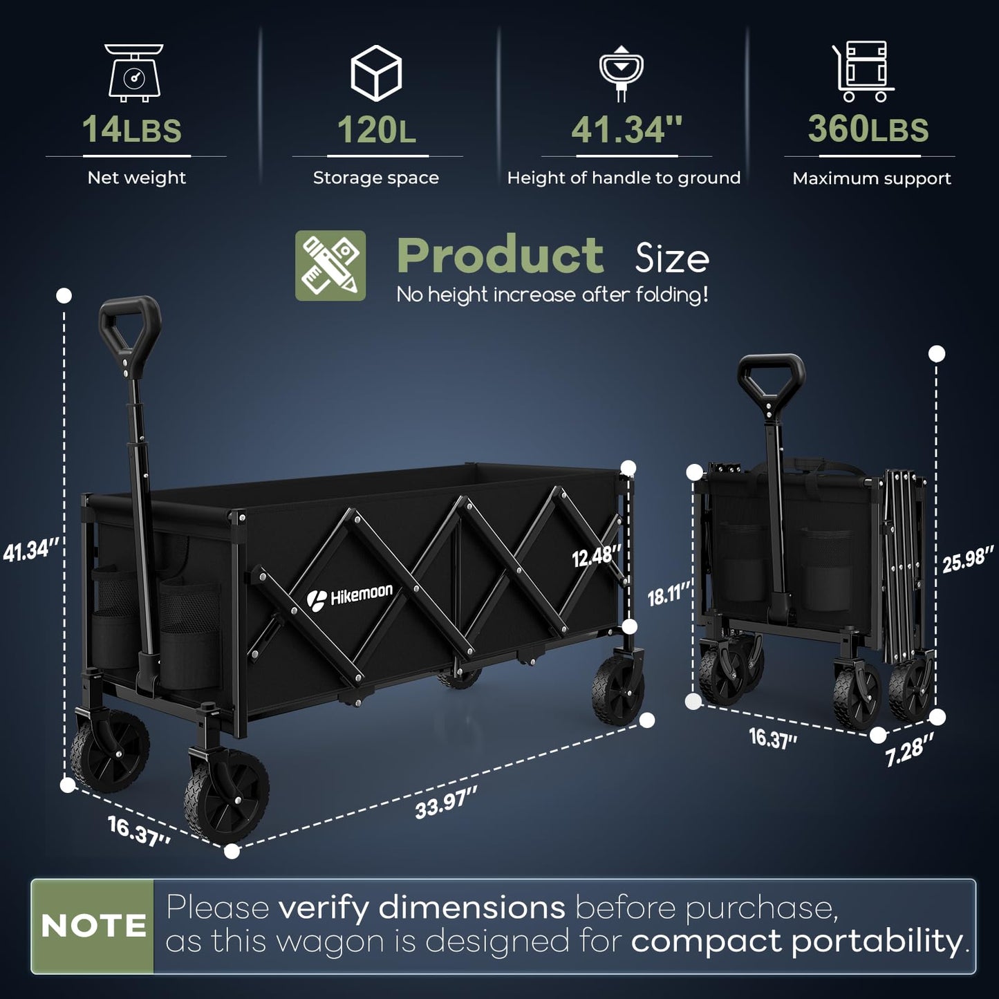 Hikemoon 34'' Extra Long Collapsible Wagons Carts Foldable, 360LBS Heavy Duty Folding Beach Wagon Cart with Wheels, Portable Utility Outdoor Wagon for Grocery, Shopping, Garden, Sports, Camping, Black