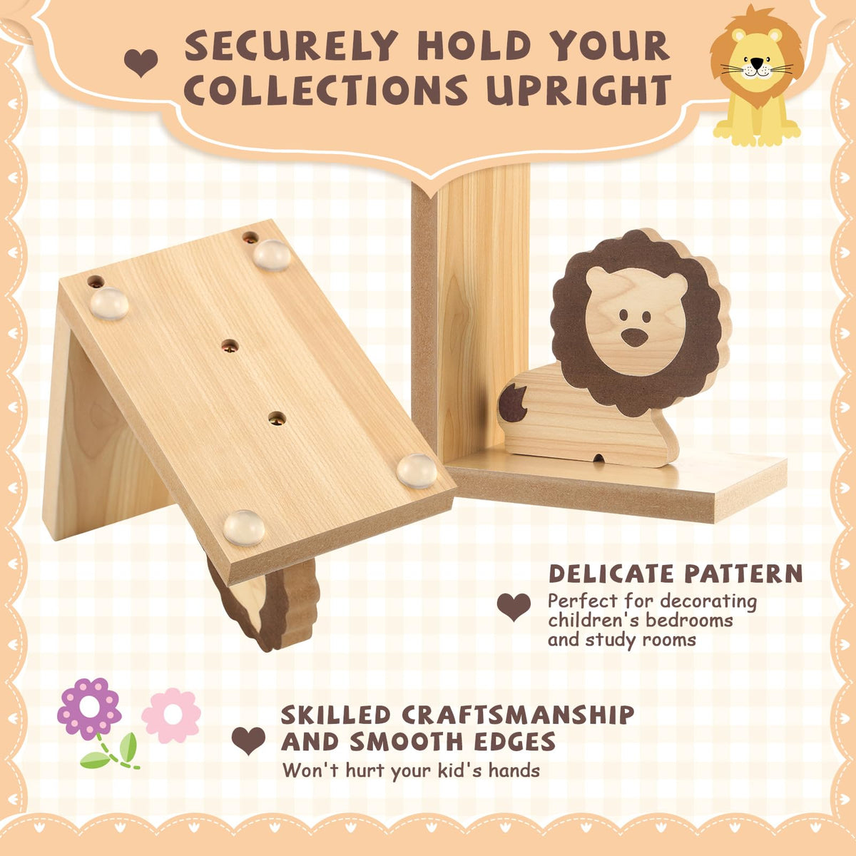 Harloon 2 Pcs Animal Bookends Wooden Cute Safari Decor, Lion Elephant