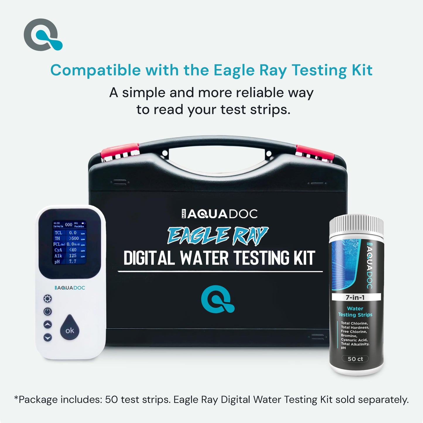 AquaDoc 7-in-1 Spa & Hot Tub Test Strips - 50 Pool Test Strips for pH, Chlorine, Hardness, Bromine, Cyanuric Acid, Alkalinity
