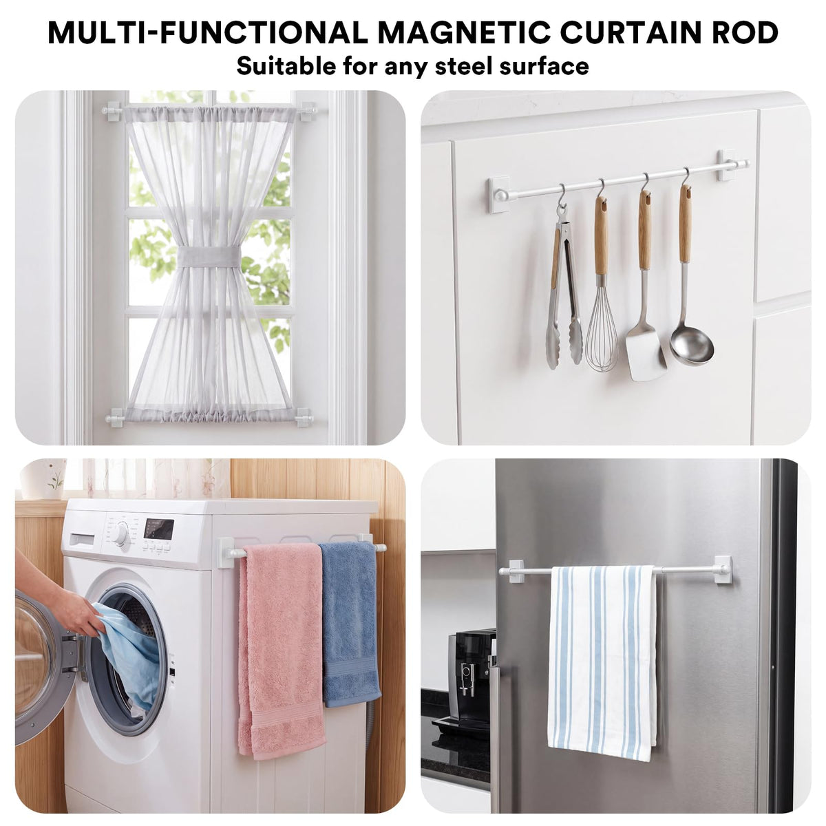Turquoize 2 Pack Magnetic Curtain Rods for Metal Doors, 9-16", White