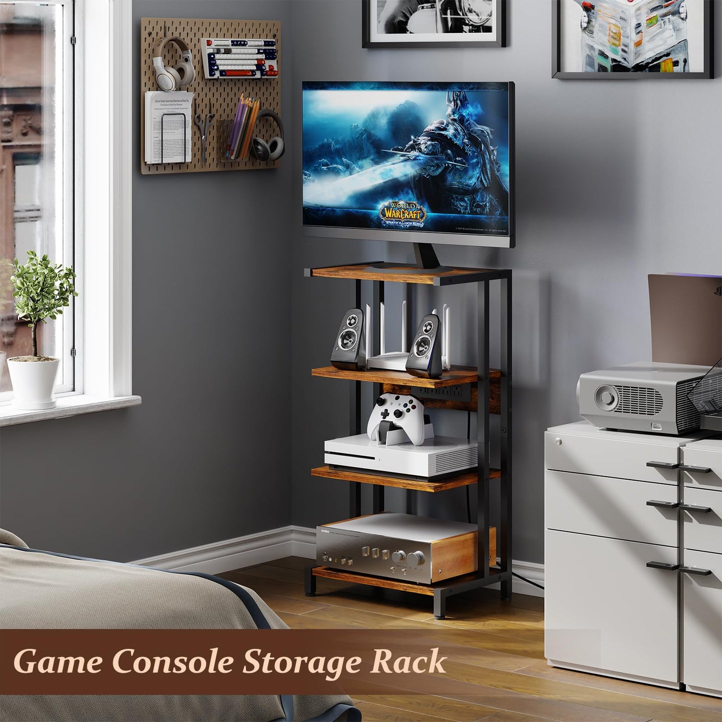 X-cosrack 16.5" Game Console Shelf, Small 4-Tier Video Gaming Consoles Stand with Outlet, Narrow Stereo Cabinet AV Media Stand, Corner Audio Rack for PS5,Xbox,Game Console,TV Box,WiFi Router