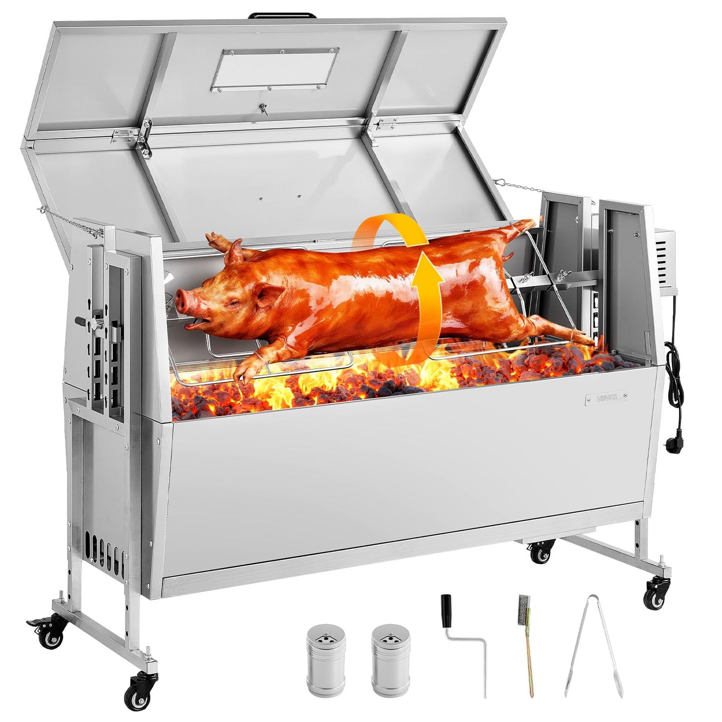 VEVOR Rotisserie Grill, 46in BBQ Outdoor Pig & Lamb Spit Roaster, Charcoal Spit Roaster with 132 LBS Capacity, Wheels & 4-Level Height, Stainless Steel Rotisserie Grill Kit for Camping Outdoor Parties