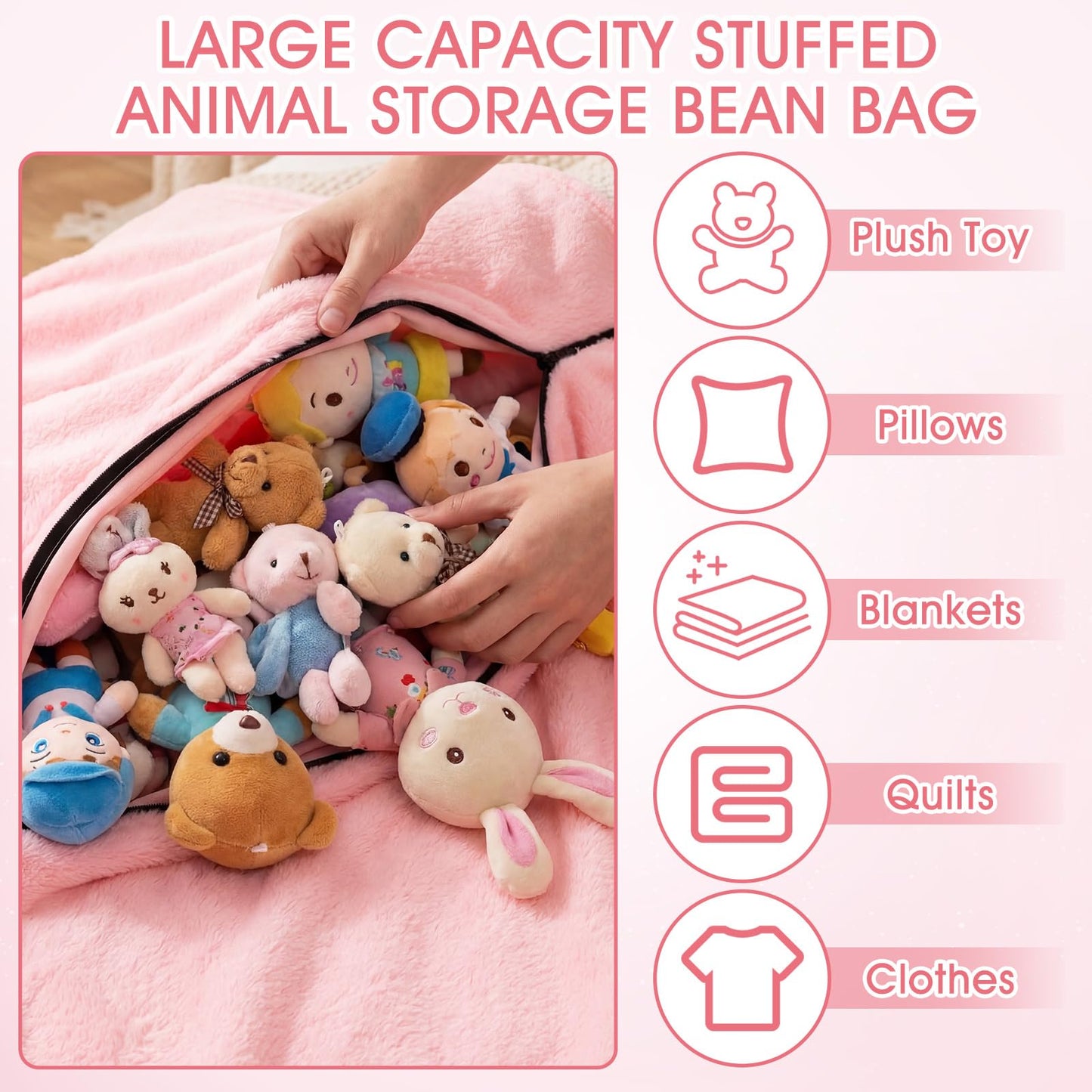 Cinnvoice Big Pink Bean Bag Chair Cover Only (No Filler) Extra Large Convertible Bean Bag Lazy Floor Cushion Sofa Cover Faux Fur Washable Stuffed Animal Storage for Adults Bedroom Living Room