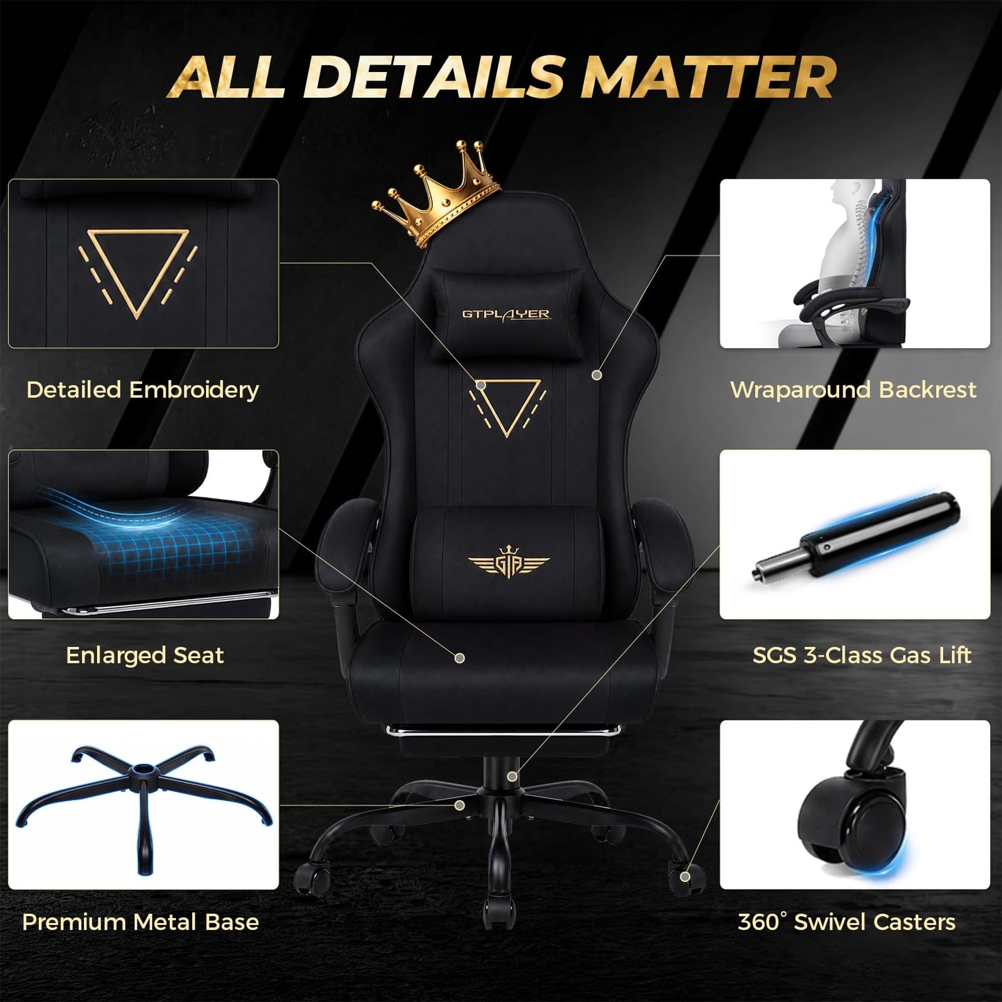 GTPLAYER Video Gaming Chair Fabric, Ergonomic Computer Chair with Footrest and Pocket Spring Cushion, Height Adjustable Video Gamer Chair with Lumbar Support for Adults, Black