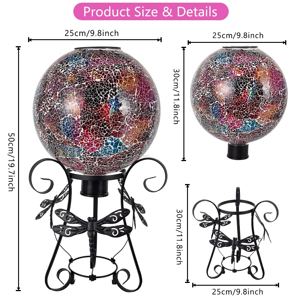 Stargarden Solar Gazing Ball, 10" Mosaic Gazing Ball,Glass Gazing Globe with Metal Stand, Decorative Solar Globes for Patio, Lawn, Garden Decor(Red)