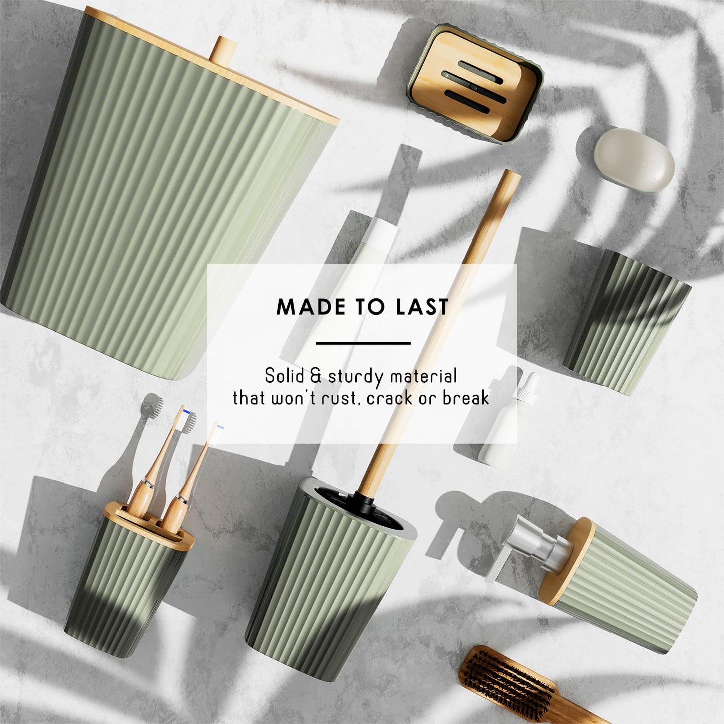 Clara Clark Bathroom Set - Sage Green Bathroom Accessories Set, 6PC Bathroom Accessory Set, Bathroom Sets with Toilet Brush, Trash Can & Soap Dispenser