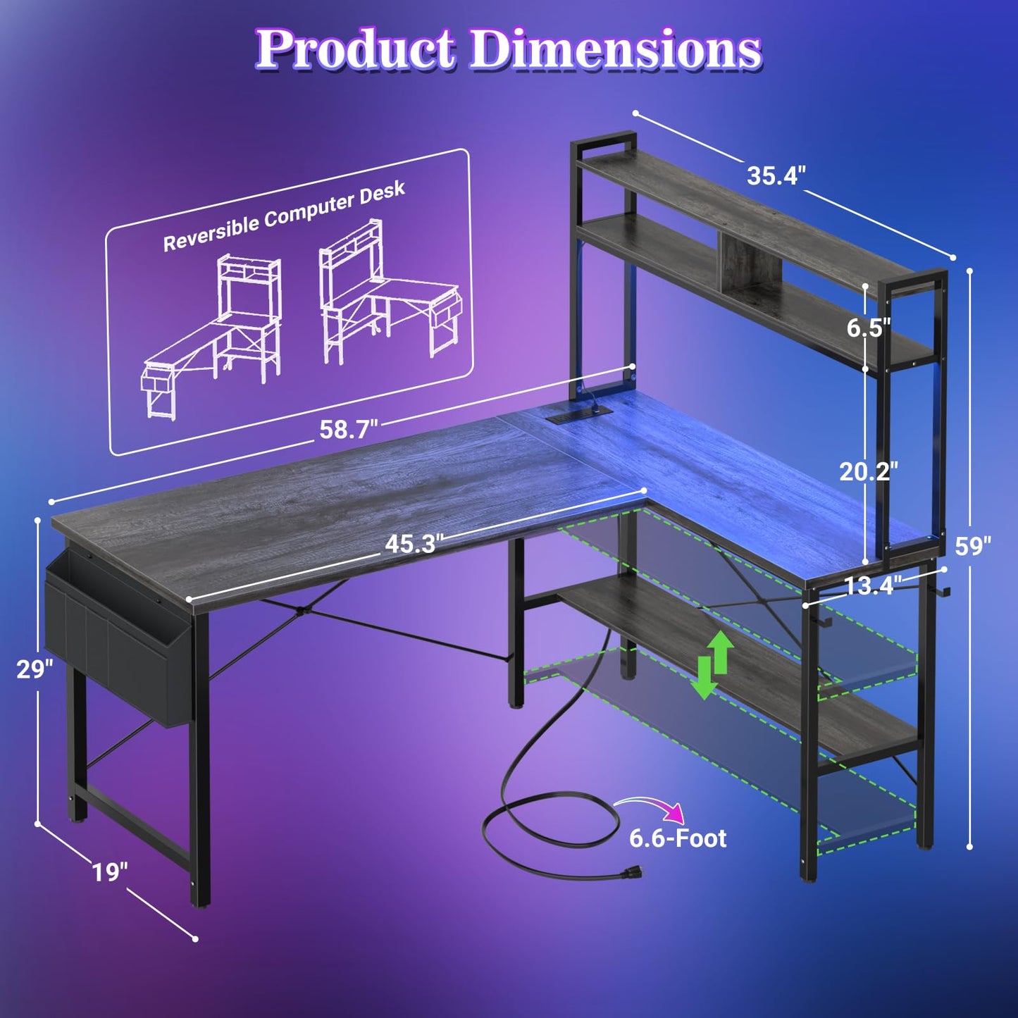 Aheaplus 59" L Shaped Desk Gaming Desk with LED Light & Power Outlet