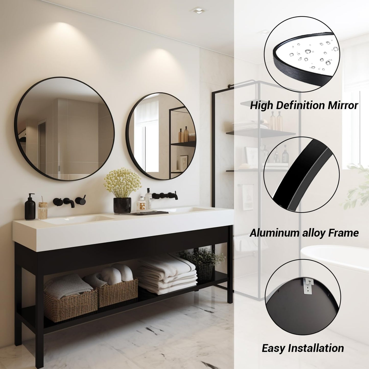 Sunniry Black Round Mirror, Round Mirror 24 inch, Matte Black Metal Frame
