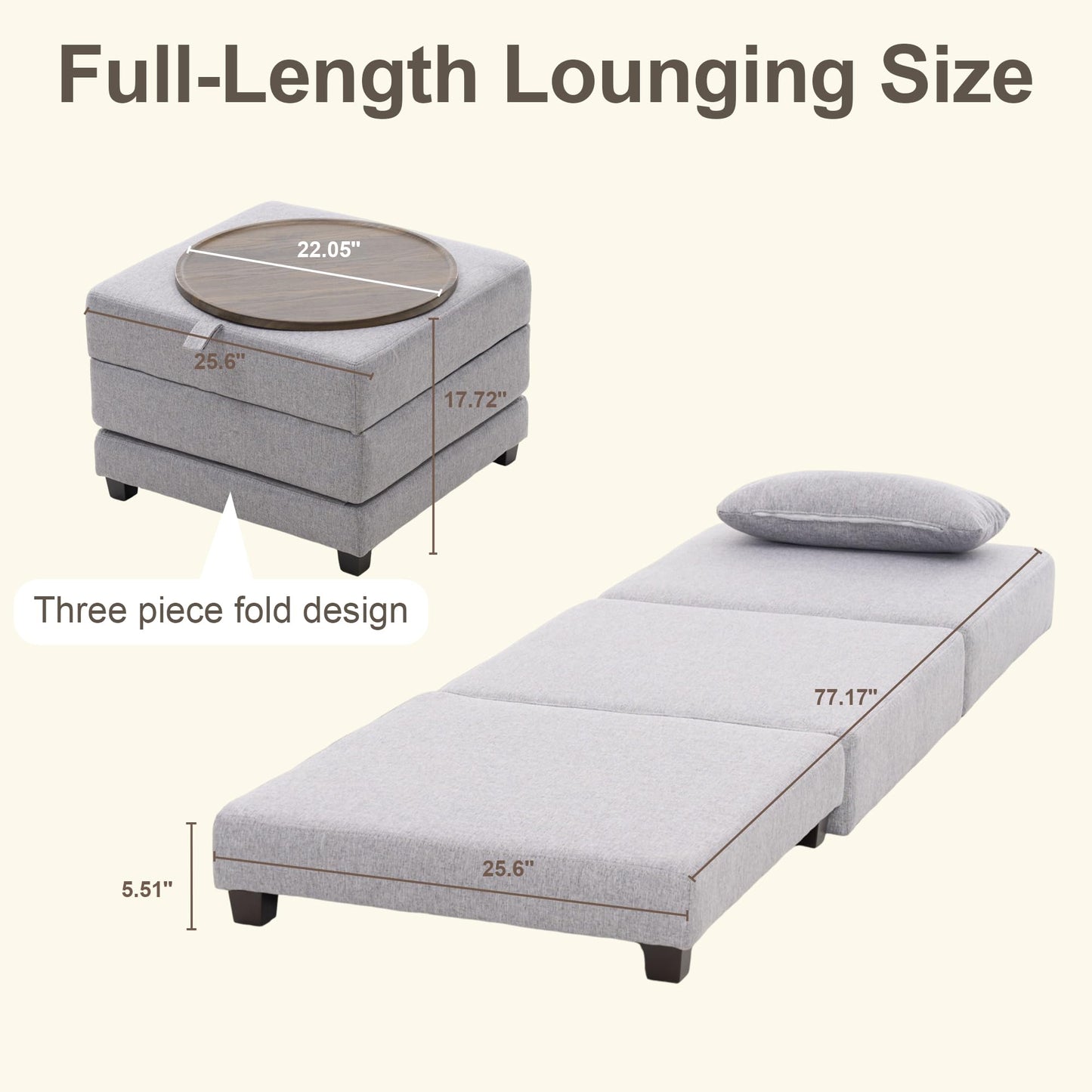 CoVibrant 3-in-1 Convertible Folding Ottoman Sleeper Bed, Full-Length Lounger Sofa Bed with Pillow & Tray, Linen Fabric Floor Mattress for Small Spaces, Living Room, Guest Room,Gray