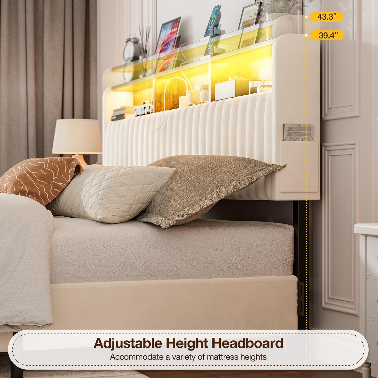 IKIFLY California King Size Storage Headboard Only, Adjustable Height, Velvet Upholstered Head Board with LED Lights & Charging Station, Easy Assembly, Modern Freestanding Headboard, White