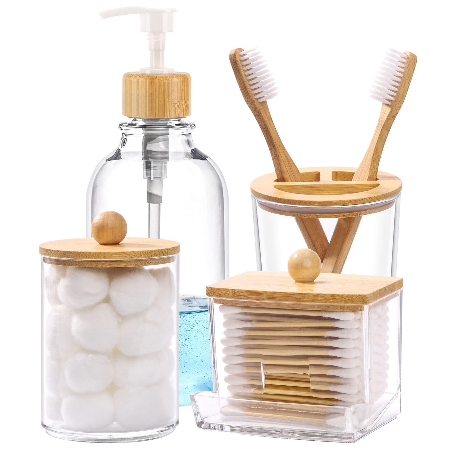 Bamboo Bathroom Accessories Set 4 Pcs - Clear Toothbrush Holder Plastic Soap Dispenser and 2 Qtip Holder Cotton Swab/Pad/Ball Container Jar