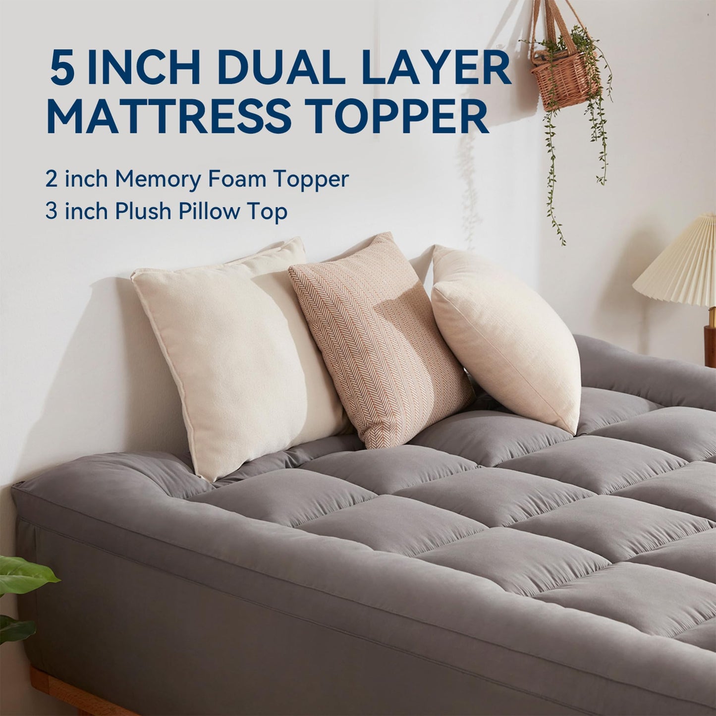 BDEUS Dual Layer 5 Inch Memory Foam Mattress Topper King Size, 2 Inch Gel Memory Foam Plus 3 Inch 1450 GSM Down Alternative Quilted Pillow Top Mattress Pad Cover,Dark Gray