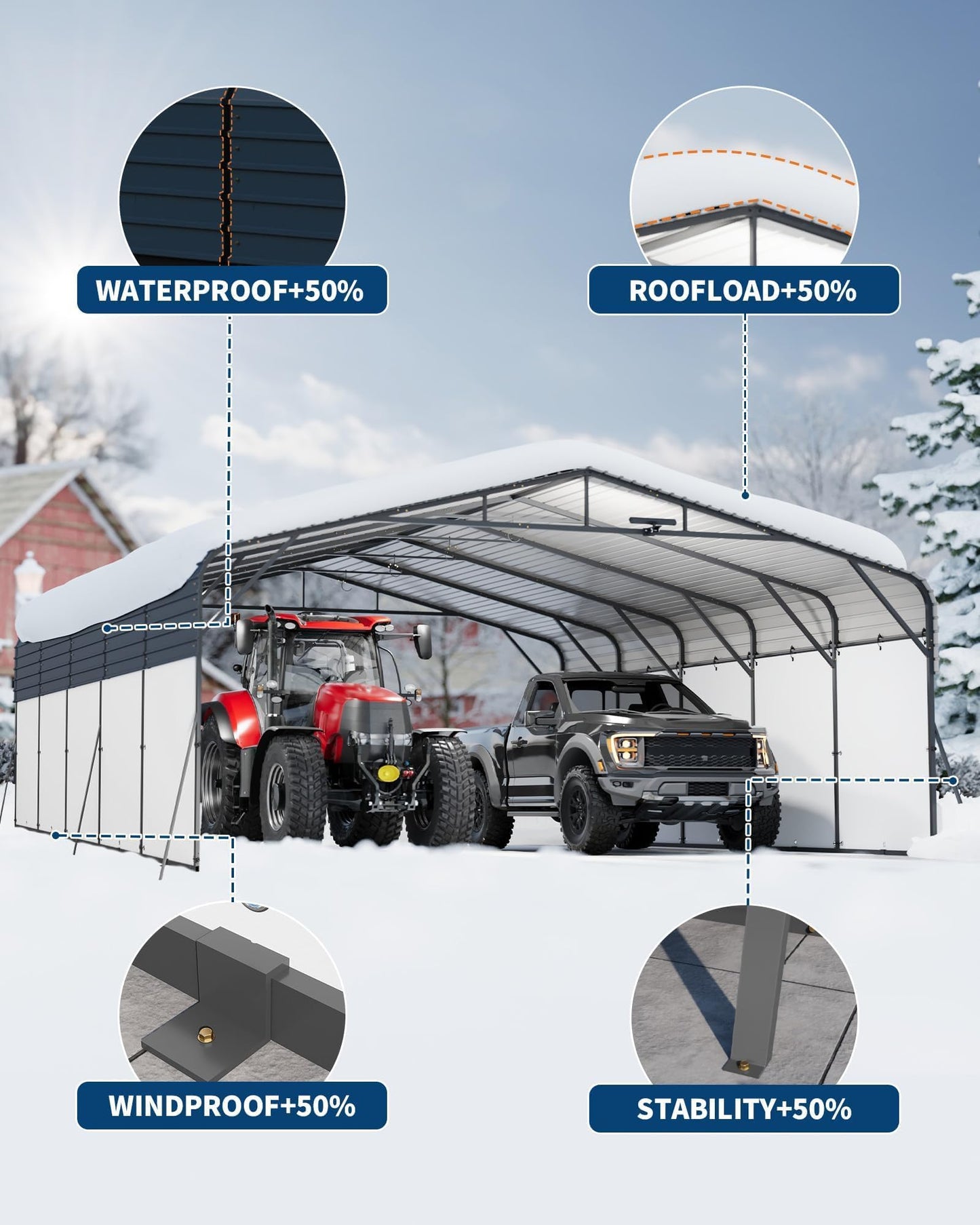Garvee 20x25ft Heavy Duty Metal Carport, 2-Car Carport Kit with Solar Lights and Removable PE Sidewalls, RV Boat Trailer Steel Garage Shelter