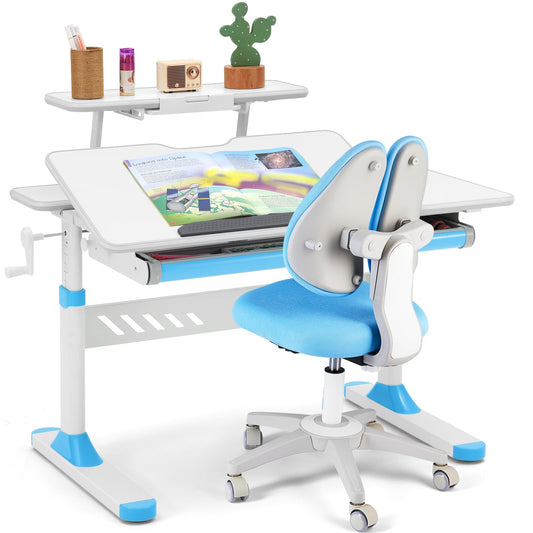 COSVALVE Premium Kids Study Desk and Chair Set,Adjustable Boys School Writing Study Table,Ergonomic Desk Chair with Large Writing Board Pull Out Drawer Bookstand Blue