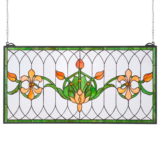 VEVOR Stained Glass Window Panel, 32 x 17 in, Tiffany Style Hanging Transom Window Panel with Chain, Large Horizontal Rectangle Stain Glass, Vintage Traditional Art Handcrafts for Kitchen Home Decor
