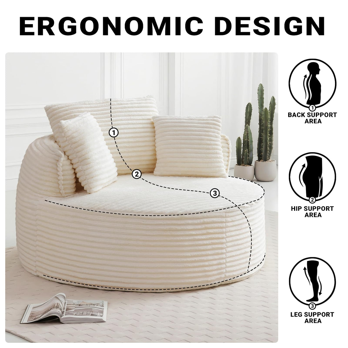 54"Round Chair Chaise Lounge Indoor, Cloud Boneless Chair w/ Side Pocket