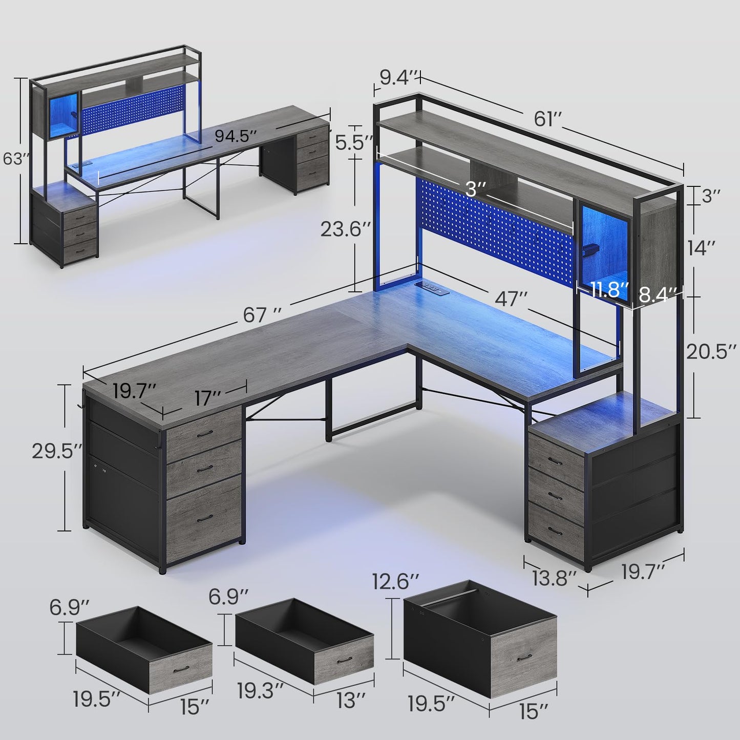 SEDETA Reversible L Shaped Gaming Desk with 6 Drawers, Hutch, Led Lights