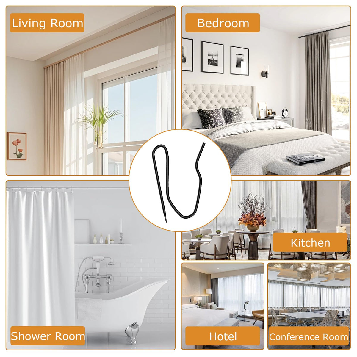 100 Pack Black Metal Curtain Hooks Pin-On Drapery Hooks,Suitable for Window,Door,Shower Curtain