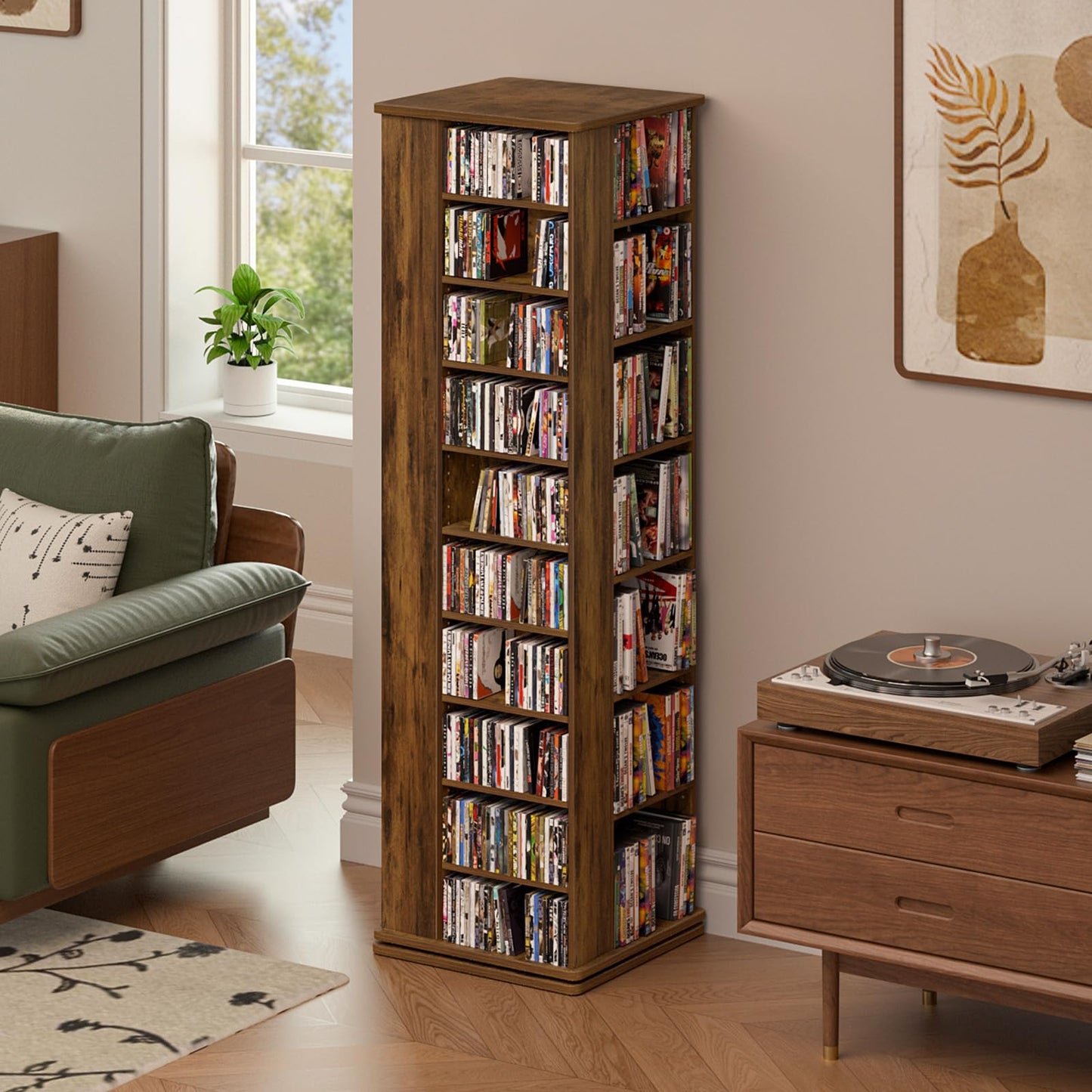 LELELINKY DVD Storage Shelf,Rotating DVD Rack w/Adjustable Shelves, Brown