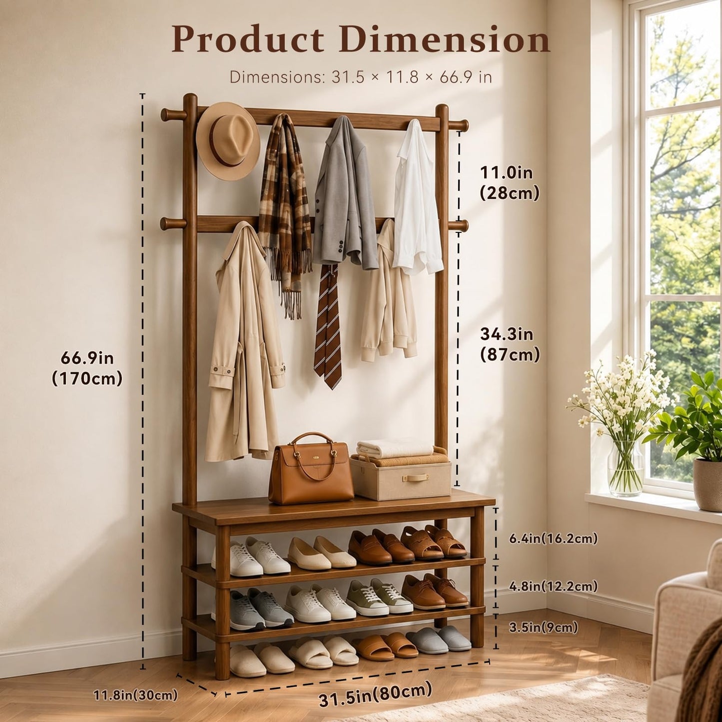 Wamhom Solid Wood Hall Tree with Bench, Shoe Rack & 11 Hooks 35.0''