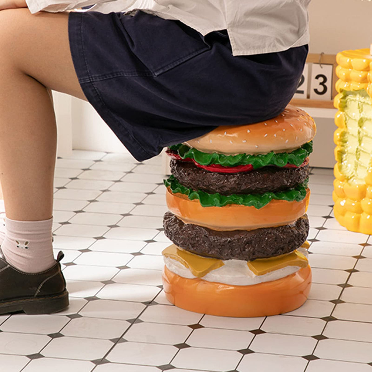 GLOGLOW Hamburger Stool, Creative Small Stool Shoe Changing Stool Furniture Decoration Foot Rest Stool for Kitchen Living Room Bedroom Playroom(Burger Stool)