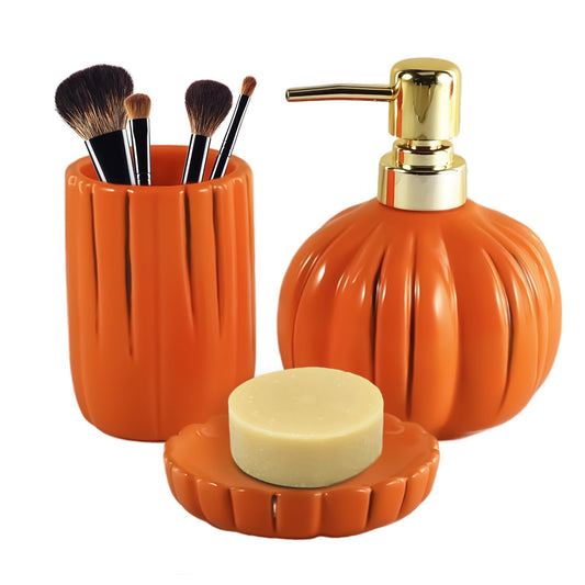 Halloween Pumpkin Bathroom Accessories Set, Orange Bathroom Fall Decor, 3PC Ceramic Bathroom Sets Complete, Toothbrush Holders, Soap Dispenser, Soap Dish, Bathroom Organizer for Countertop