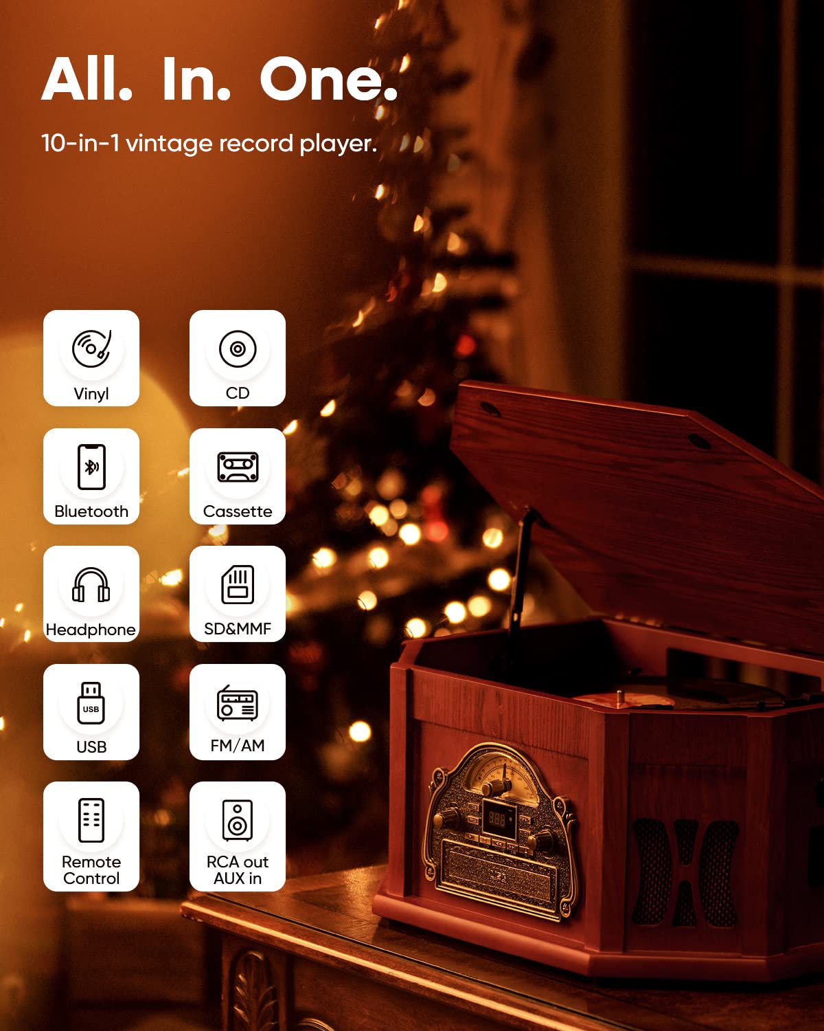 ORCC 10-in-1 Record Player, Nostalgic Turntable for Vinyl Record with Bluetooth, 2 Built-in Speakers, CD, Cassette, AM/FM Radio, USB, SD Slot, Remote Control