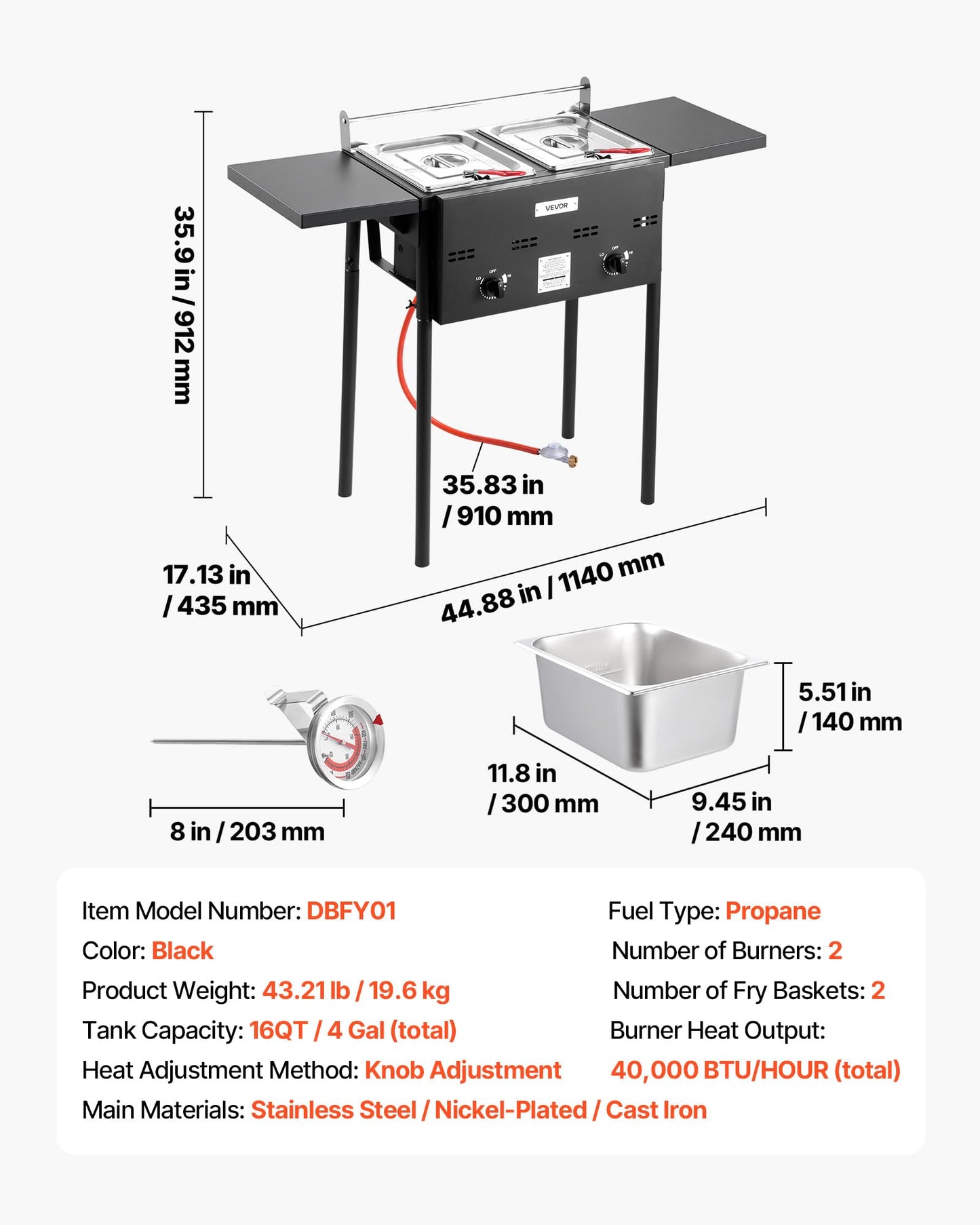 VEVOR Outdoor Propane Deep Fryer, Double Burners Commercial Fryer, 16 Qt Stainless Steel Cooker with Removable Baskets & Lids & Tanks, Oil Fryer Cart with Thermometer & Regulator, For Outdoor Cooking