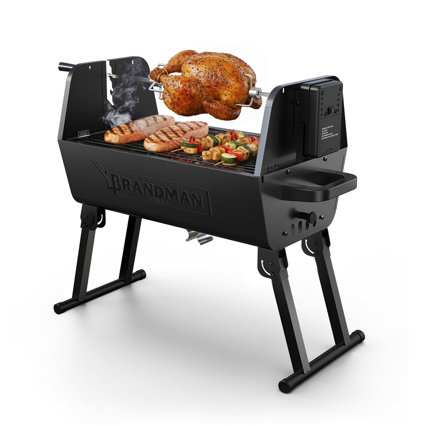 BRANDMAN GRILLS SINCE 1987 2 in 1 Portable Charcoal BBQ Rotisserie Grill with Motorized Kit Folding BBQ Grill 257 sq.in. Porcelain Enameled Grate Lightweight for Backyard Outdoor Camping