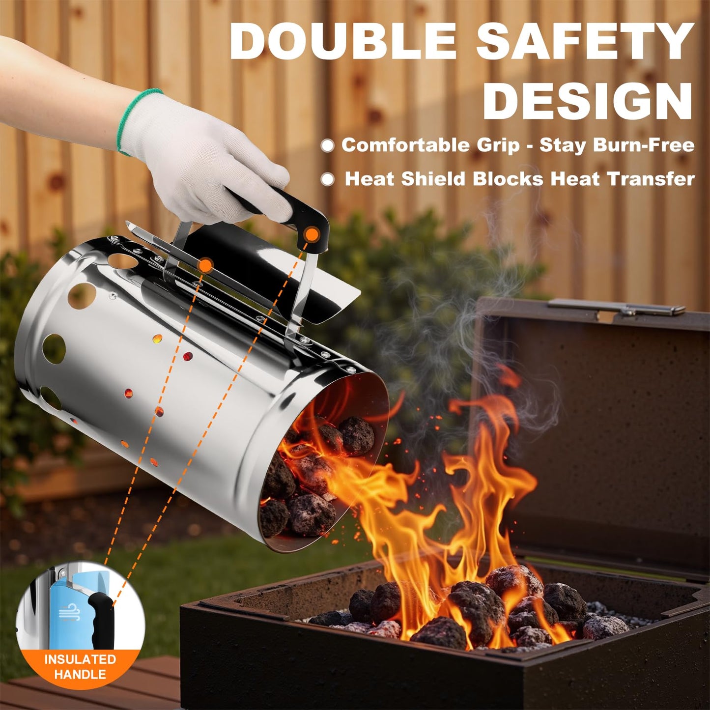 SUNLIFER Charcoal Chimney Starter, BBQ Grill Quick Rapid Fire Starter Chimney for Outdoor Barbecue Cooking Camping, Sturdy and Easy to Use, Stainless Steel（10.62" x 6.3"）