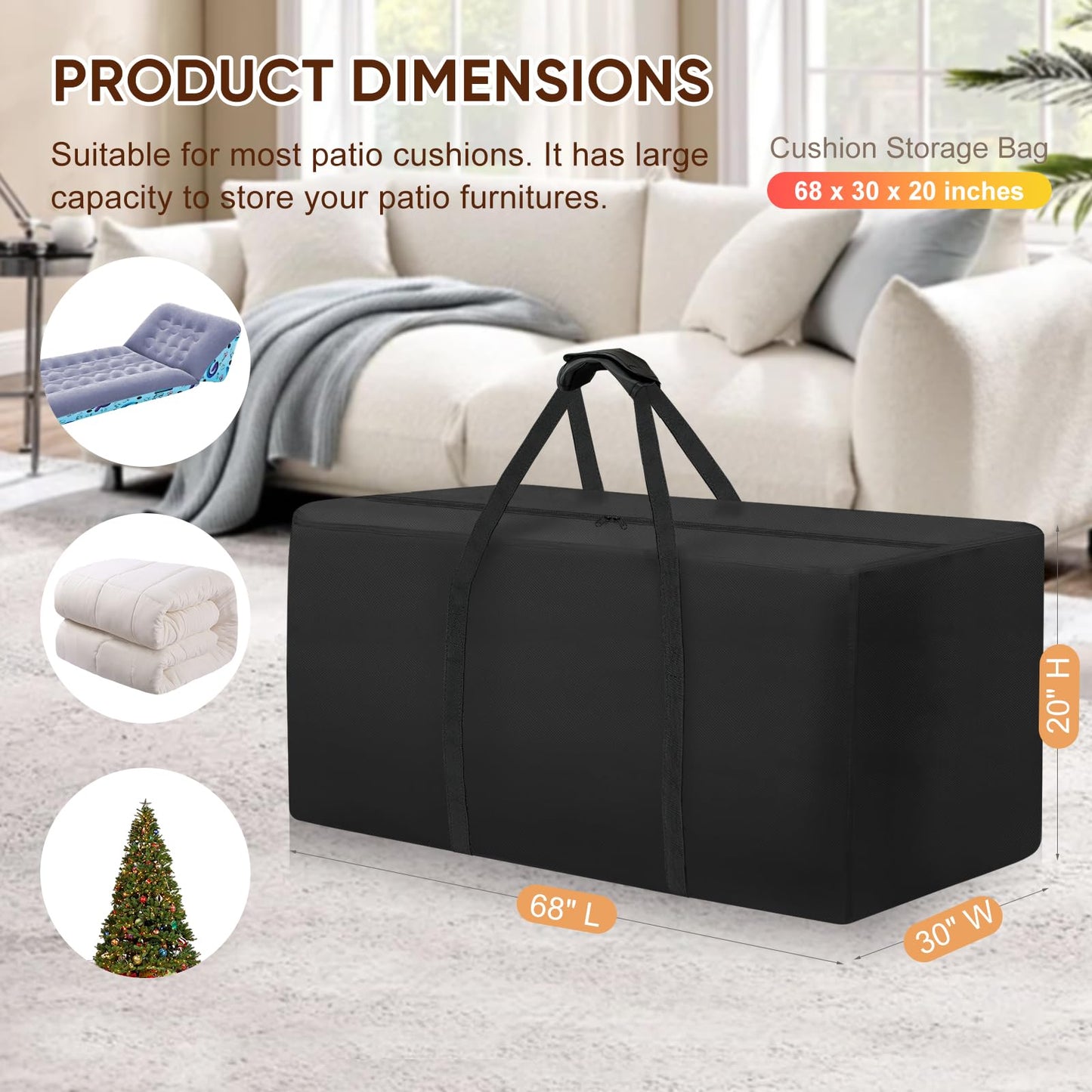 Fentiff Outdoor Patio Cushion Storage Bag - Waterproof Large Patio furniture Cushion Organizer Storage Bag with Handle and Zipper, 68" L x 30" W x 20" H Big Foldable Duffle Cover