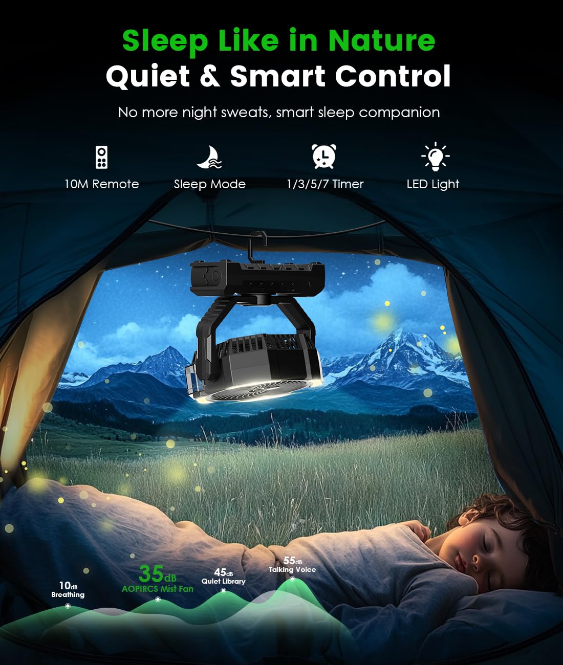 Aopircs Camping Misting Fan - 24000mAh Portable Battery Powered Fans with 9oz Water Tank, Light, Hook - Rechargeable, 120H Cooling, Last 5H Mist, 4 Speed, Sleep Mode - Outdoor Gear, Travel Essentials