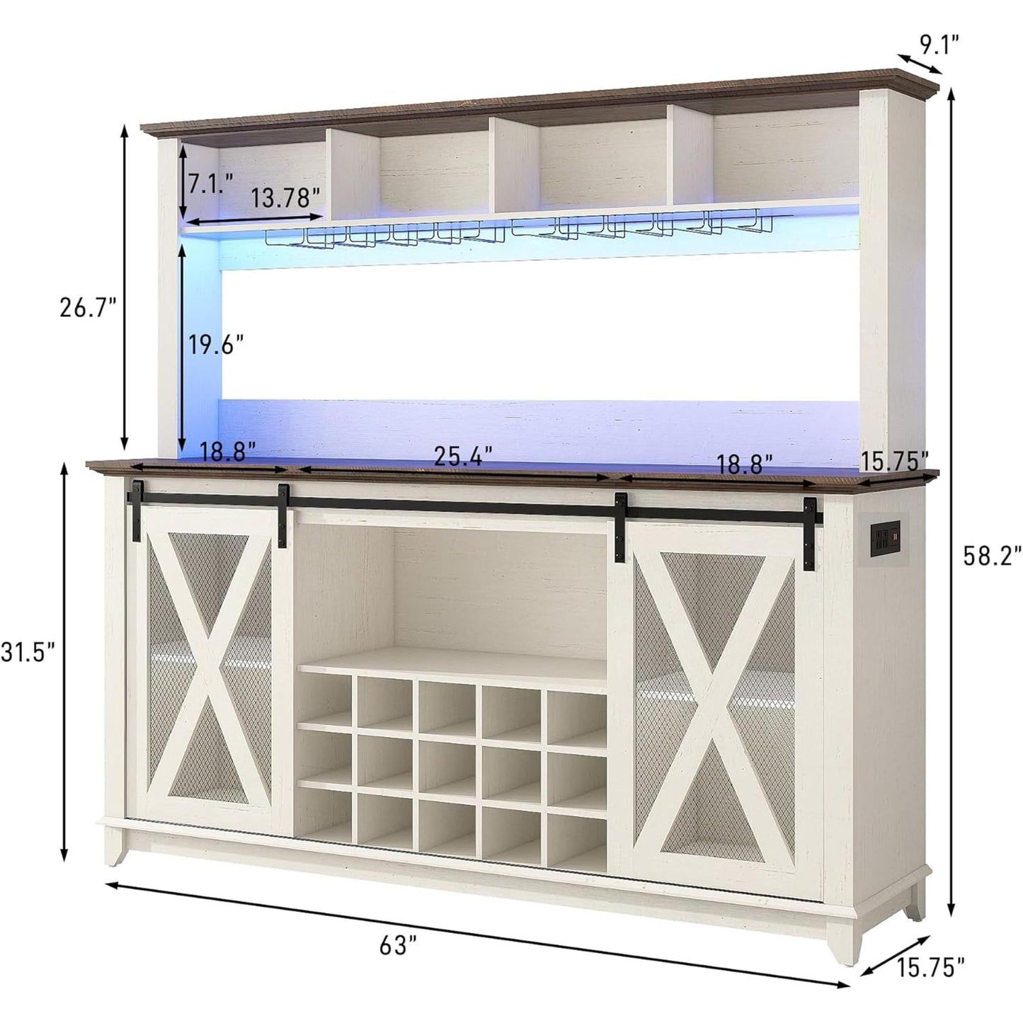63"Wide 58"H Farmhouse Coffee Bar Cabinet with Power Outlet and LED Light,Wine Bar Cabinet w/ 4 Storage Hutch,Kitchen Buffet Cabinet with 15 Wine and Glass Racks for Kitchen Dining Room(Antique White)
