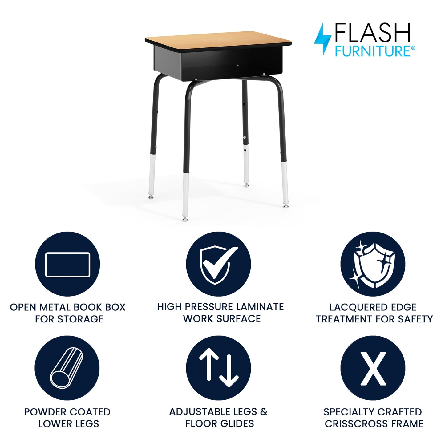 Flash Furniture Billie Open Front Student Desk for Classrooms or Remote Learning, Height Adjustable School Desk with Metal Book Box, Natural/Black