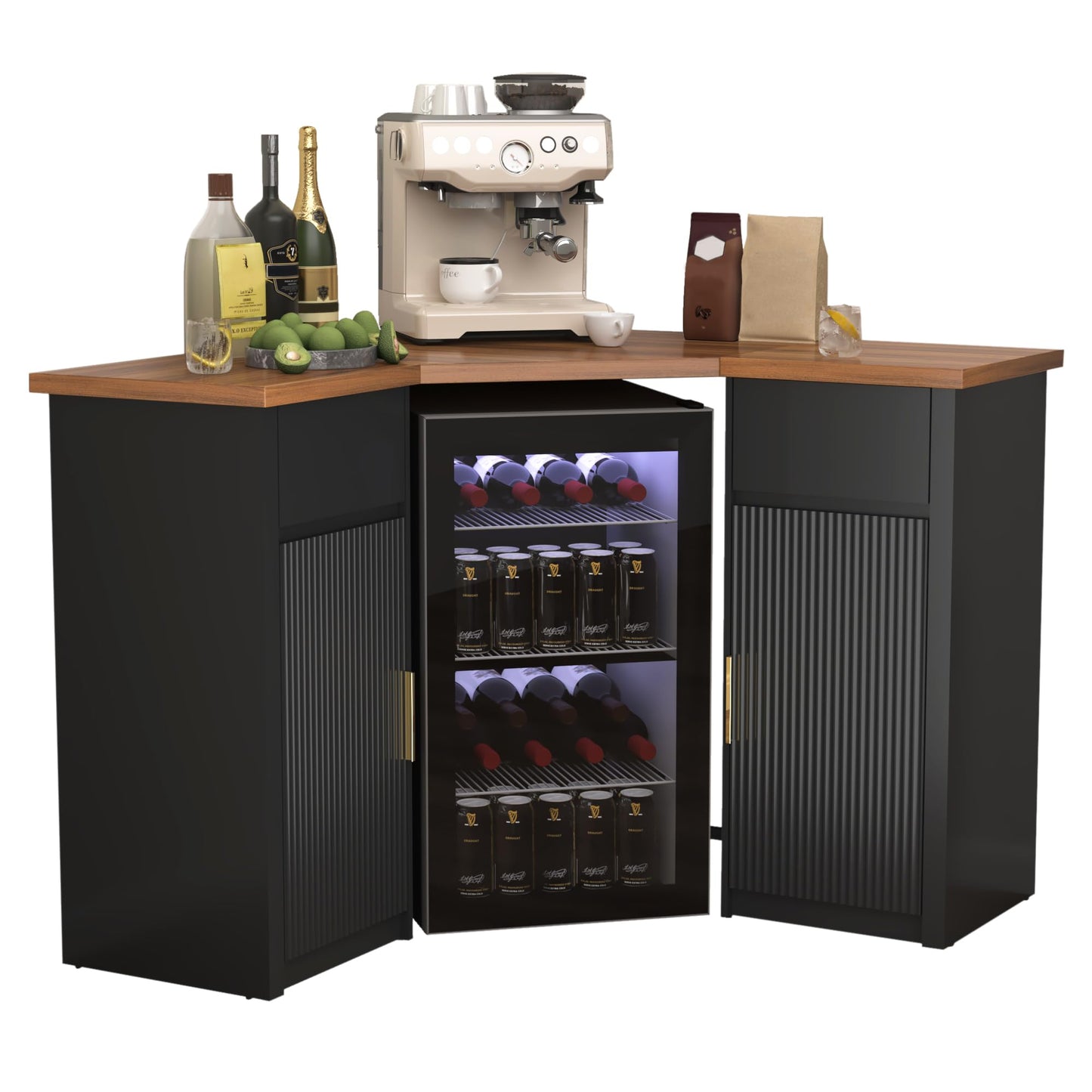 GDLF Corner Bar Cabinet with Fridge Space, Corner Coffee Bar Station with Storage, L Shaped Liquor Wine Cabinet for Home
