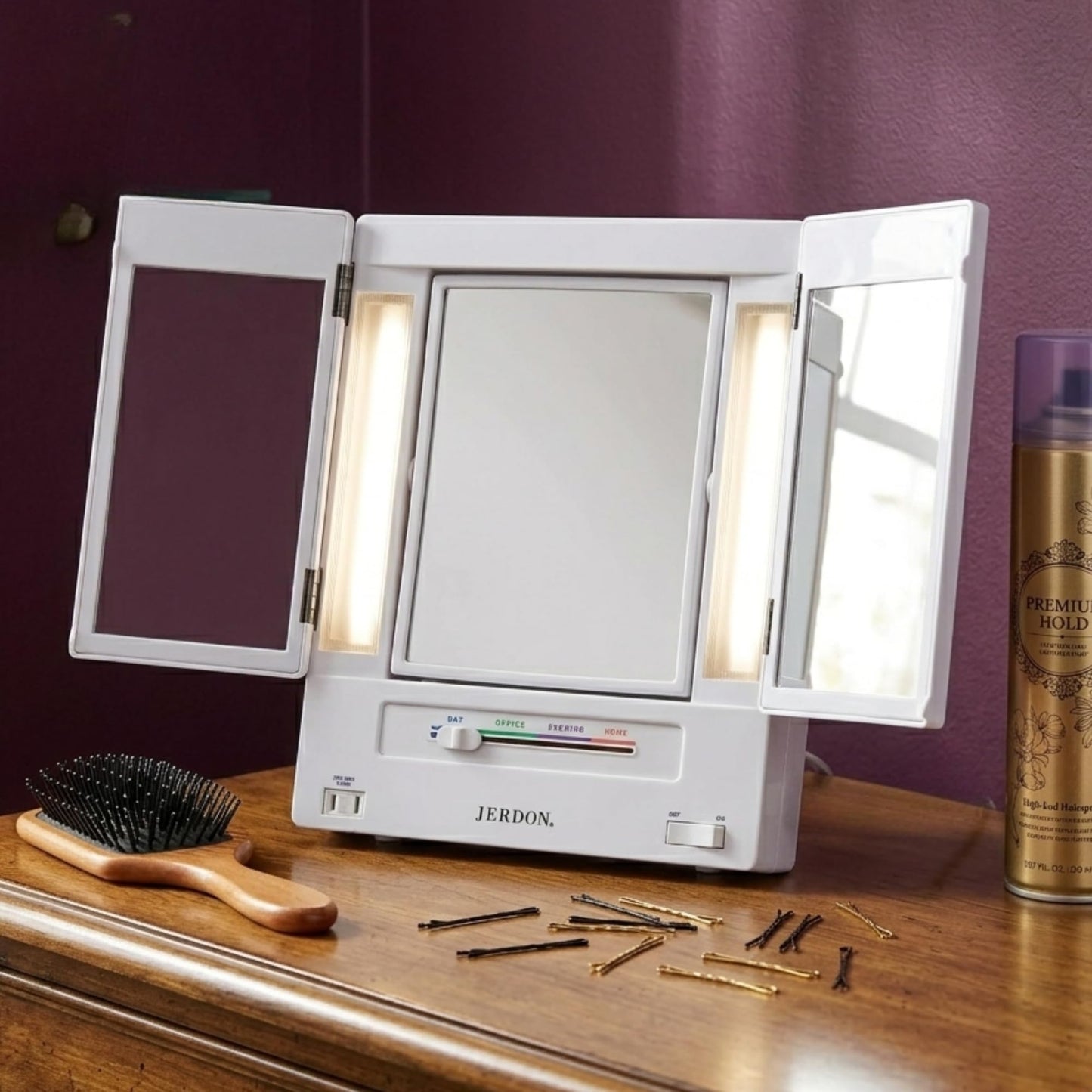 JERDON Tri-Fold Two-Sided Makeup Mirror with Lights - Vanity Mirror with 5X Magnification & Multiple Light Settings - White Base - Model JGL9W