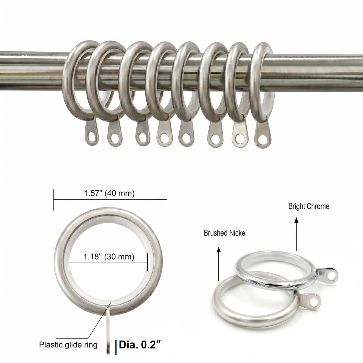 GCurtain Metal Curtain Rings with Eyelets and Nylon Insets, Set of 12, 1.18 Inch Inner Diameter Drapery Rings for 3/4" Rods, Quiet & Scratch-Resistant, Premium Duty Curtain Hardware, Brushed Nickel