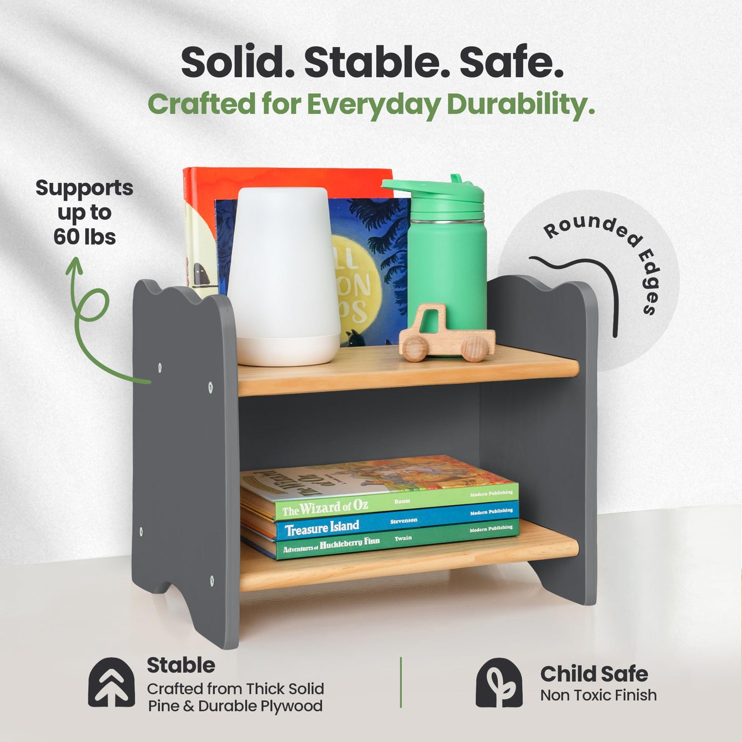Ocodile Kids Nightstand for Floor Beds, Solid Wood Small Bedside Table with Book Pocket, Low Tiny Nightstand for Nursery, Toddler & Kids Room, Montessori Style Side Table - Gray