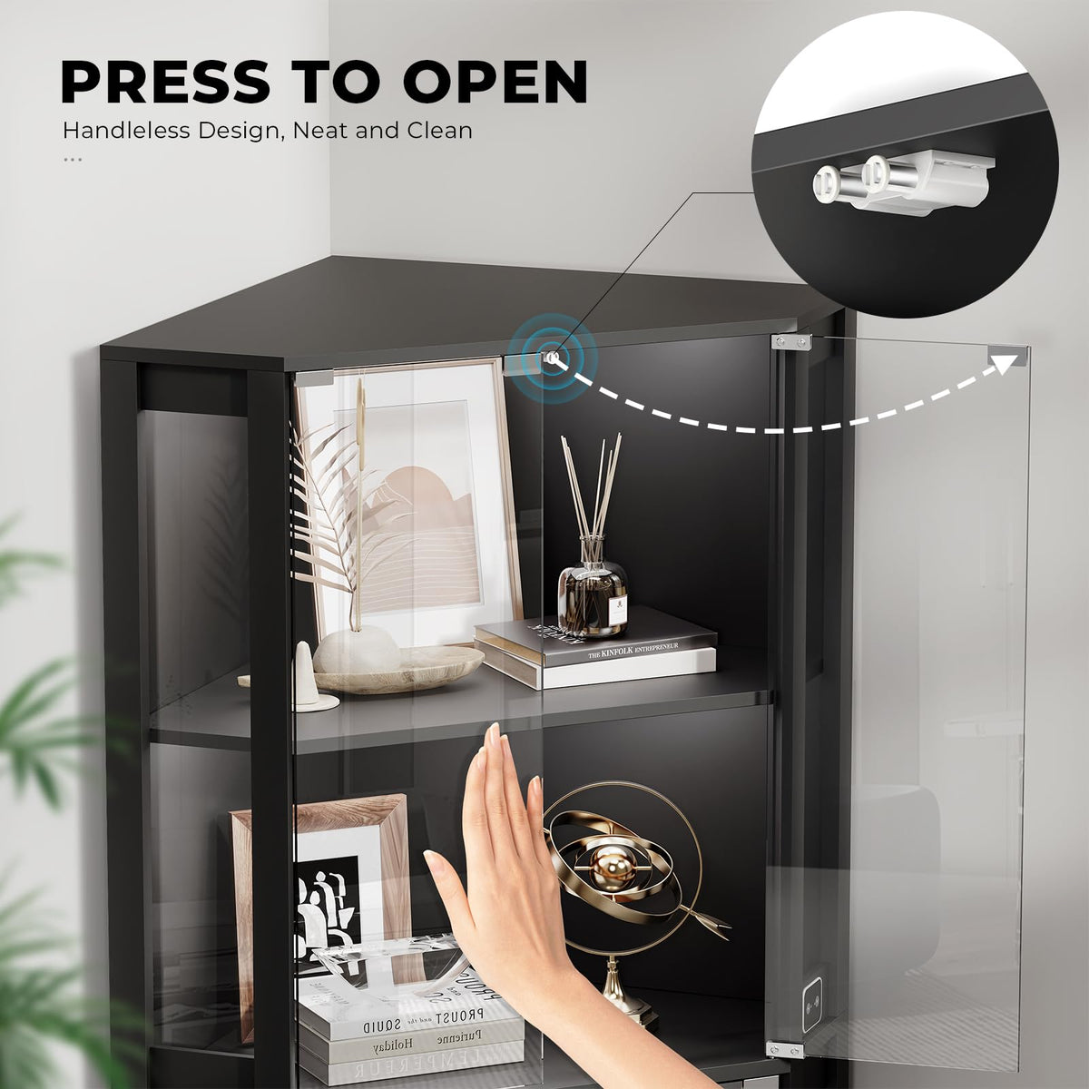 BROTTAR 65" Corner Display Cabinet with Glass Doors for Collectibles, Black