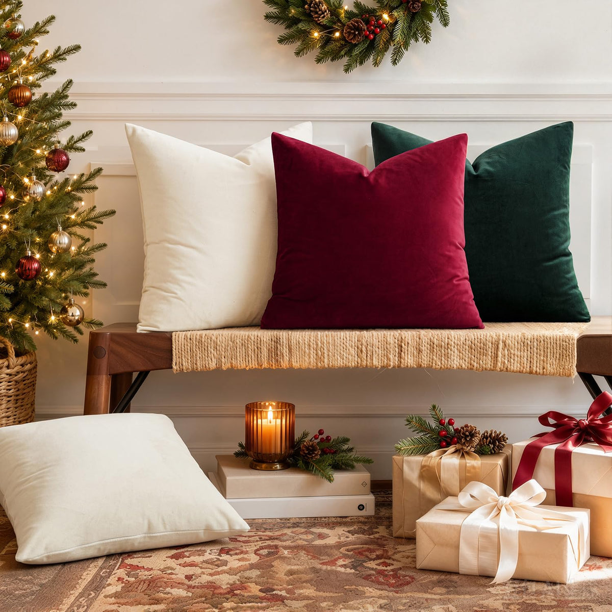 MIULEE Velvet ChristmasThrow Pillow Covers 18x18 Inch Pack of 2 Wine Red