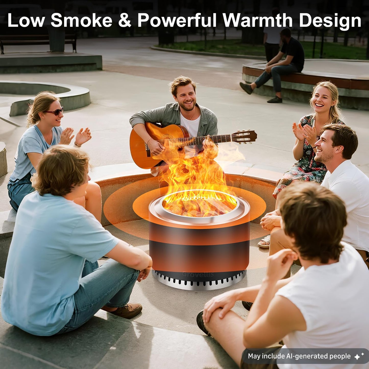 Grovellis 27 inch Smokeless Fire Pit with Waterproof Cover & Fire Poker