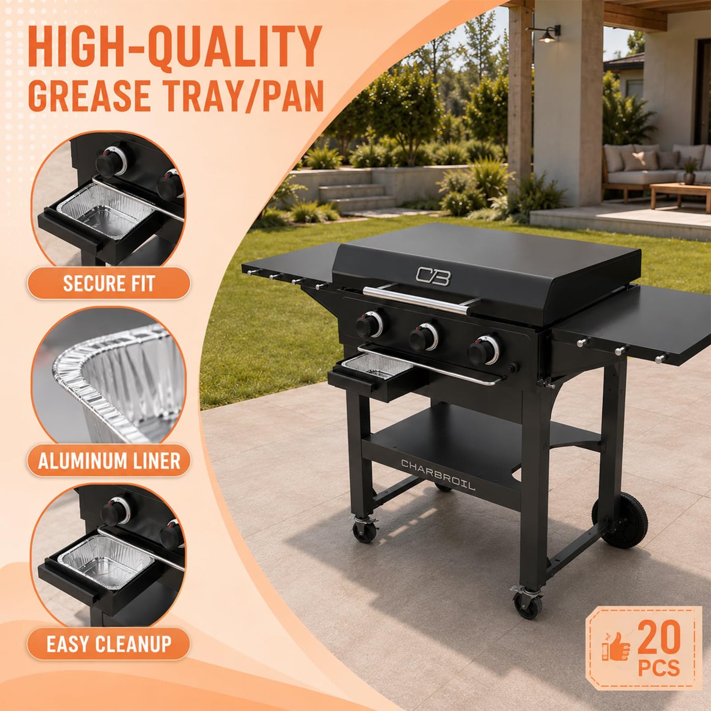 MOASKER Drip Pan Liners for Charbroil 28" XL Performance Series Griddle 463258924, Disposable Aluminum Grease Tray Liners for 3 Burner Flat Top Gas Grill, Grease Catcher Replacement, 20 Pack