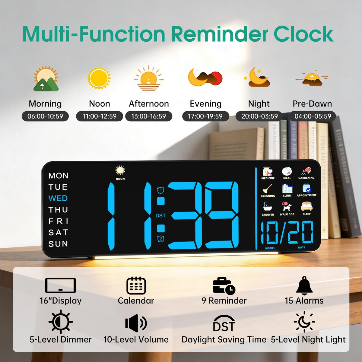 Hoifen 16" Large Digital Wall Clock with Remote, LED Day & Date Display