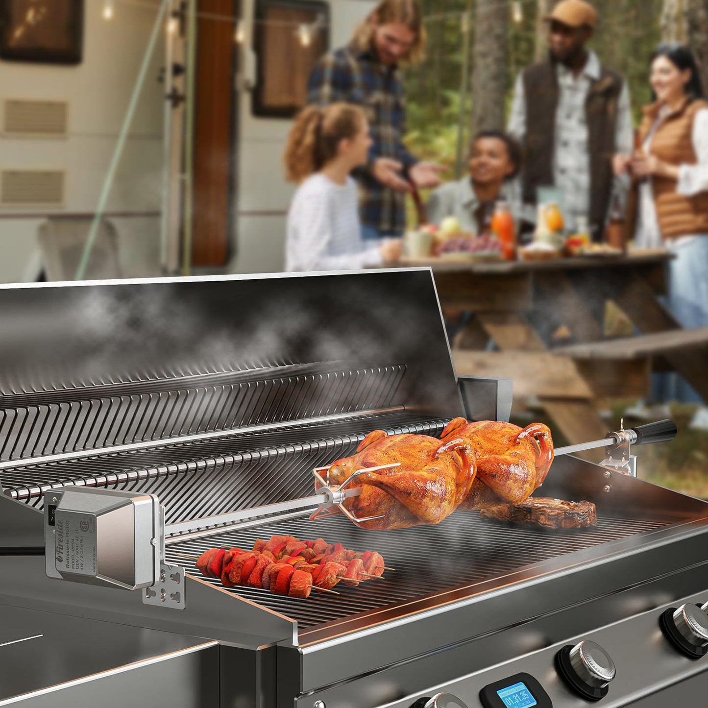 TURBRO Stainless Steel Rotisserie Kit for Gas Grills with A Cookbox up to 39’’ - Includes 4W Electric Motor, 34’’ - 45’’ × 5/16" Square Spit Rod, Meat Forks, Counterweight - for Outdoor BBQ
